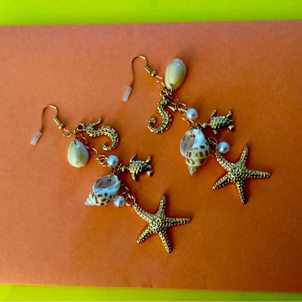 Gold Starfish, Shell, Seahorse,Turtle and Pearl Dangle earrings